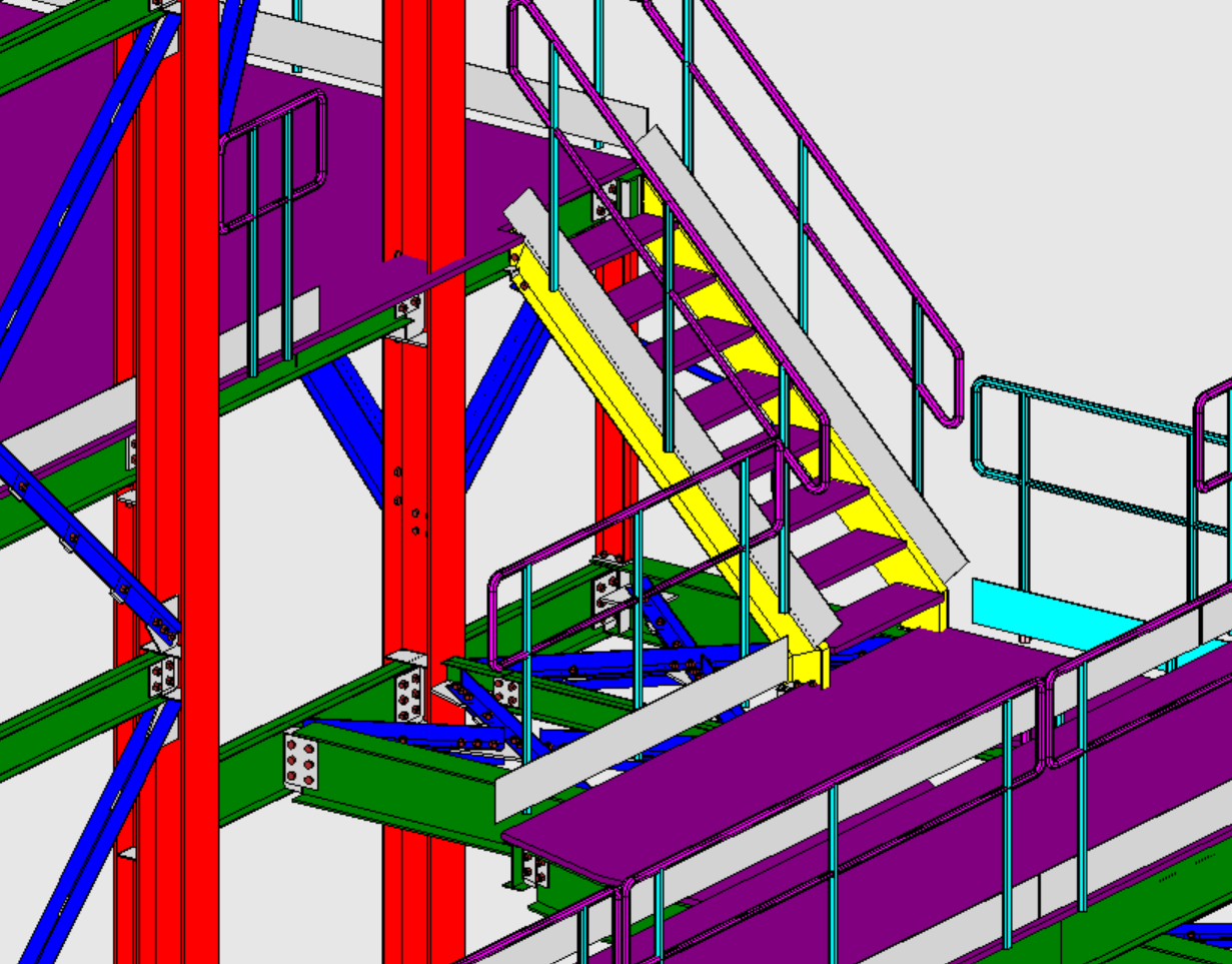 Detalhe do modelo 3D mostrando escada metálica, plataformas, guarda-corpos, vigas, pilares, contraventamentos e ligações