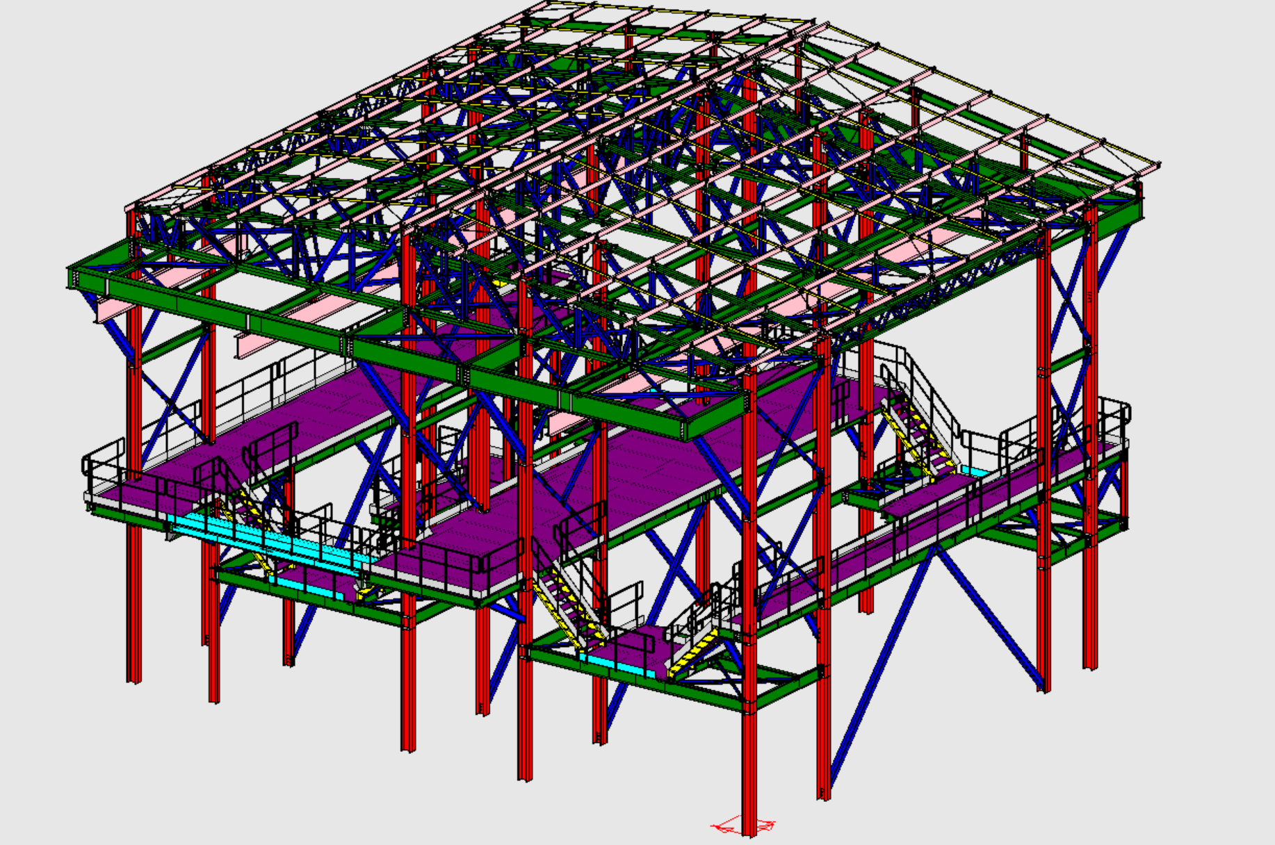 Modelo 3D de uma estrutura metálica industrial ampla, com cobertura, plataformas, escadas e contraventamentos, produzido no TSteel