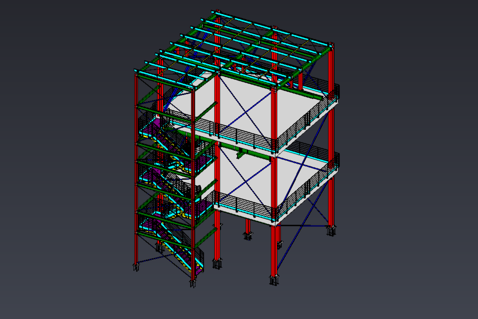 Modelo tridimensional completo de uma estrutura metálica com múltiplos pavimentos, escadas e contraventamentos